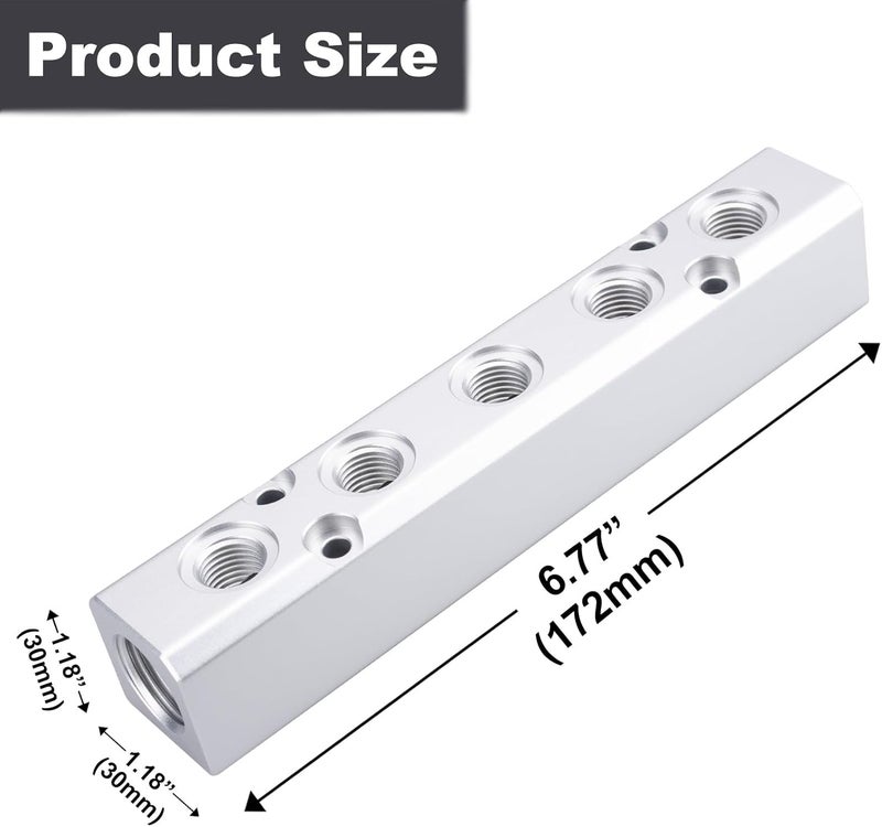 MARSTEK 2PCS Air Manifold, 5 Way 7 Port Air Compressor Manifold, Aluminum Air Hose Inline Manifold Block Splitter, Pneumatic Manifold Air Distribution Block, NPT 1/2 Inch Supply Port, NPT 1/4 Inch Output Port - Image 2